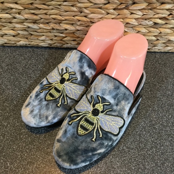 Steve Madden Blue-Gray and Gold Bee Embroidered Loafers - Picture 3 of 15